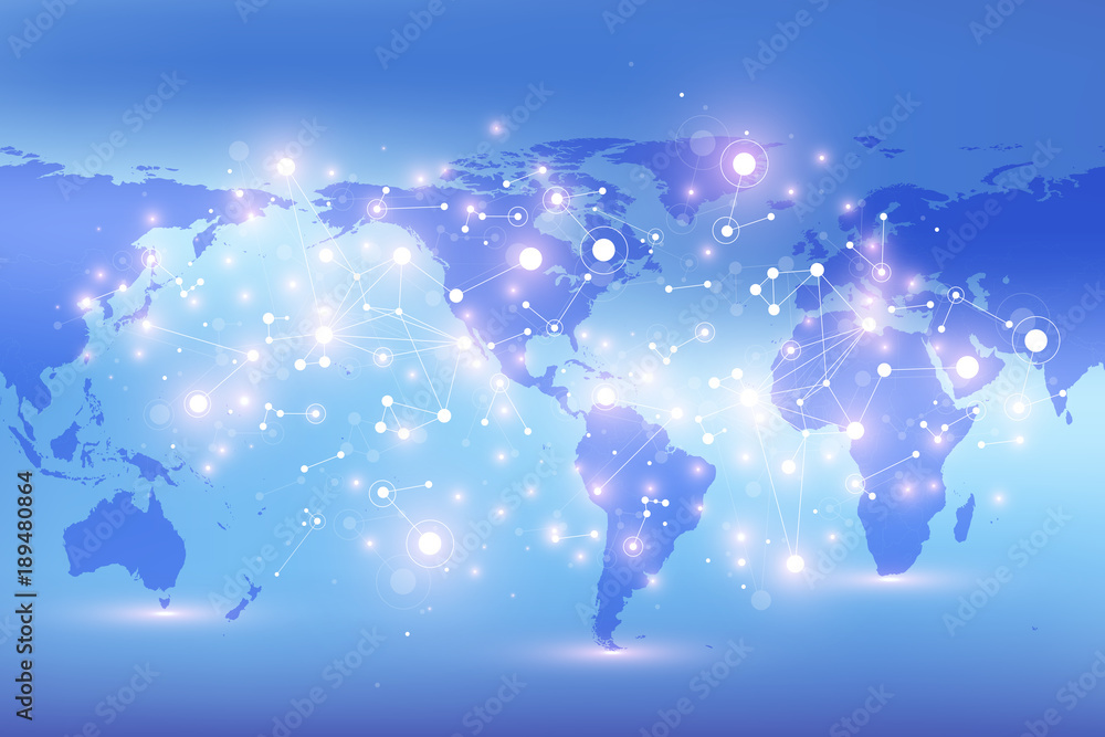 Poster Political World Map with global technology networking concept. Digital data visualization. Lines plexus. Big Data background communication. Scientific vector illustration