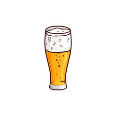 Full tall glass of light beer, ale, cider, hand-drawn, sketch style vector illustration isolated on white background. Hand drawing of light beer, lager, ale, cider with foam in tall glass