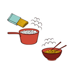 Vector flat spaghetti, pasta or noodles preparation steps icon set. Noodles boiling in pot, Prepared hot instant food in ceramic pot, bowl with bamboo shopsticks Isolated illustration