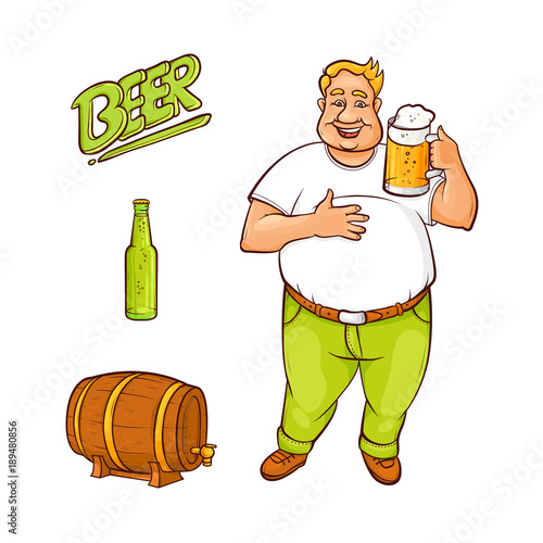 "Vector cartoon beer lover adult man with big beer belly holding mug