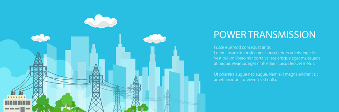 Banner of Electric Power Transmission, High Voltage Power Lines Supplies Electricity to the City and Text, Vector Illustration