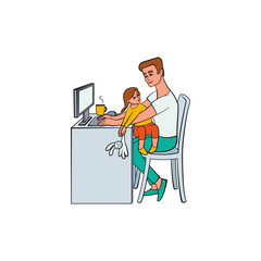 Vector cartoon people working from home, remote, freelance work . Adult man sitting at workplace typing at desktop keyboard with girl child playing with rabbit toy at knees. Isolated illustration