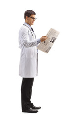 Doctor waiting in line and reading a newspaper