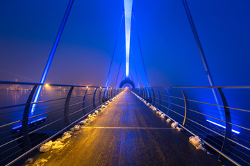 Solvesborgsbron pedestrian bridge at dusk in Sweden. At 756 meters the longest pedestrian bridge in Europe.