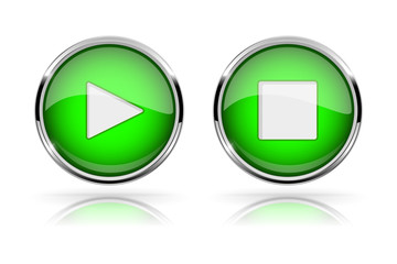 Green round media buttons. PLAY and STOP button. Shiny 3d icons with chrome frame