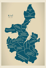 Modern City Map - Kiel city of Germany with boroughs and titles DE