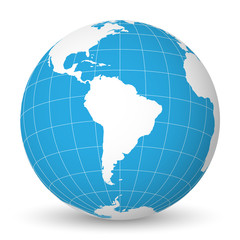 Earth globe with green world map and blue seas and oceans focused on South America. With thin white meridians and parallels. 3D vector illustration.