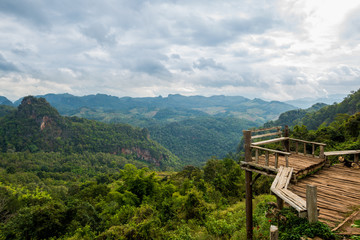 Terrace view with safety bar in the forest mountain valley, North of Thailand