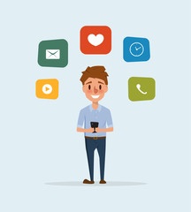 man using a mobile phone infographic. business man character.