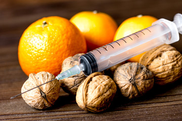 concept food allergies on wooden background