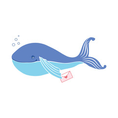 Lover blue whale vector cartoon wild animal, cute fish with love letter isolated on white background, Character design for greeting card, children invitation, creation of alphabet, valentines day