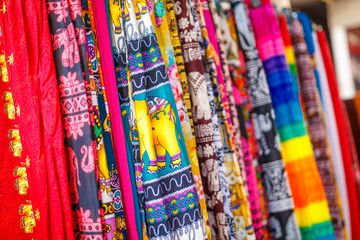 Close up of Colorful traditional fabric texture in Sri Lanka.