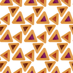 Purim hamantaschen seamless pattern. Jewish traditional dish on the holiday of Purim. endless background, texture, wallpaper. Vector illustration