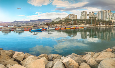 Fototapeta premium Panoramic view on the central beach of Eilat - famous resort and recreational city in Israel