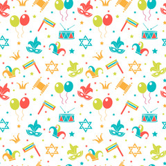 Carnival seamless pattern. Purim repetitive texture. Holiday, masquerade, festival, birthday party. Endless background, backdrop, wallpaper, paper. Vector illustration