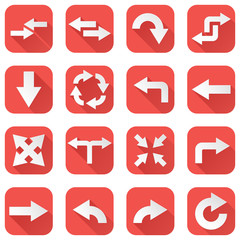 Arrows set. Collection of square red icons with arrow symbols