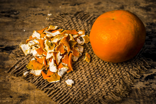 Close Up Of Dried Peel Of Orange,Citrus Aurantium On A Gunny Background Used As A Face Pack And For Skin Care.