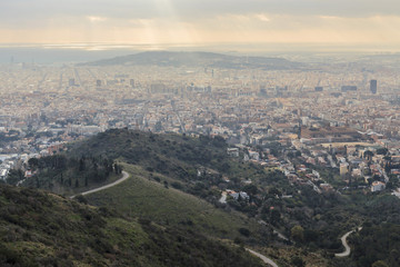 Fototapeta na wymiar General city view, mountain, from Tibidabo hill. Barcelona.