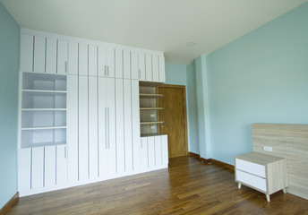 Modern style white wardrobes in light blue wall room