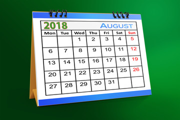 August 2018 desktop calendar isolated on colorful background .