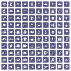 100 tea party icons set grunge sapphire