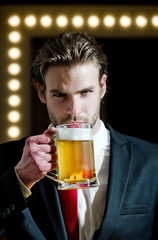 beer glass in hand of man, meeting and relax