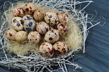 Quail eggs in a basket  - Easter composition.Easter Tradition - Selective focus
