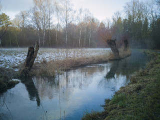 Crippled pastures at dawn on a cold winter day