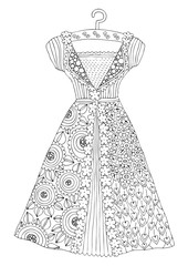 Women's lace dress. Hand drawn illustration for coloring page, poster or invitation card design. Sketch for anti-stress colouring book in zen-tangle style. Vector picture.