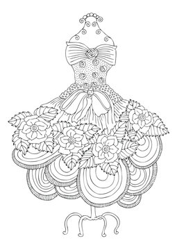 Women's lace dress. Hand drawn illustration for coloring page, poster or invitation card design. Sketch for anti-stress colouring book in zen-tangle style. Vector picture.