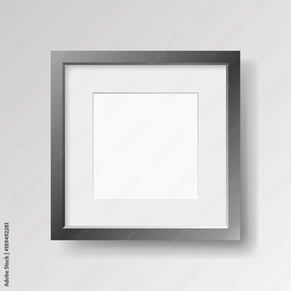 Poster realistic empty black frame with passepartout on light background, border for your creative project,