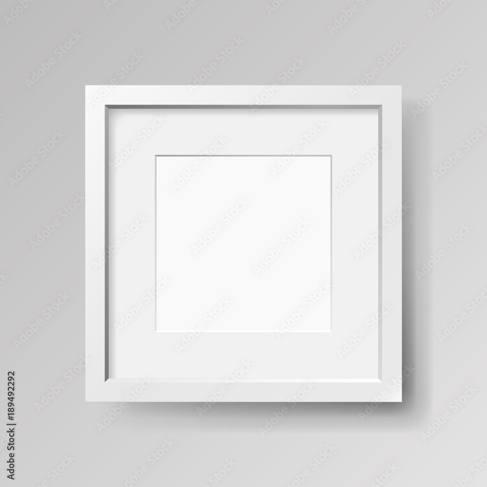 Poster realistic empty white frame with passepartout on gray background, border for your creative project, 