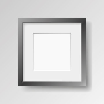 Realistic empty black frame with passepartout on light background, border for your creative project, mock-up sample, vector design object
