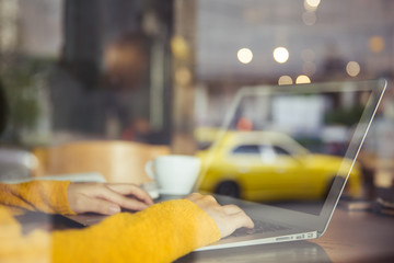 Close-up of female hands using laptop.