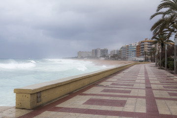 Mediterranean beach winter storm day in Costa Brava,Blanes,Catalonia,Spain.