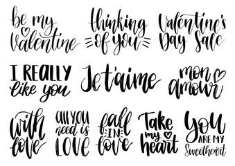 Vector hand lettering phrases Take My Heart, Hugs And Kisses etc. February 14 calligraphy set. Valentines day typography