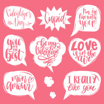 Vector hand lettering phrases Love Is In The Air, Cupid etc. February 14 calligraphy in speech bubbles.