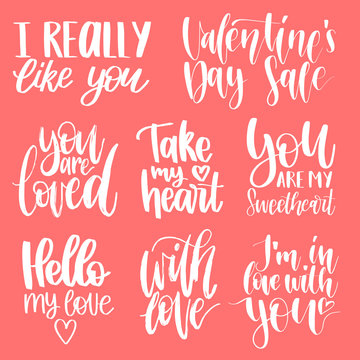 Vector hand lettering phrases Take My Heart, Hugs And Kisses etc. February 14 calligraphy set. Valentines day typography