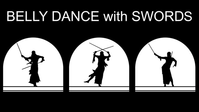 Set of black silhouettes of an Oriental dancer on stage with arched vault. Graceful belly dance with swords. Dancing black woman warrior on a white background.