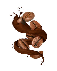 Coffee beans moves in chocolate splashes, isolated on white background