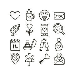 set of black and white linear icons on the theme of the day of all lovers