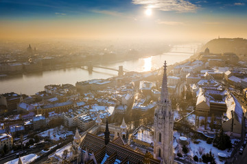 Budapest, Hungary - Panoramic aerial view of Budapest with Matthias Church, Szechenyi Chain Bridge and Statue of Liberty on a sunny winter morning