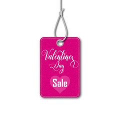 Happy Valentines day. Pink tag on the rope. Vector illustration.