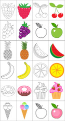 Coloring book, page set. Fruits collection. Sketch and color version. Coloring for kids. Childrens education. Vector illustration
