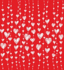 Pattern with white hearts on red background. Vector illustration