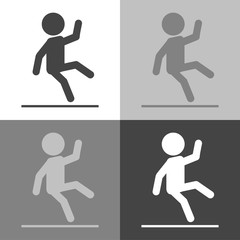 Wet Floor Warning Sign. Vector set  icon man falls slippery road.  Vector icon on white-grey-black color