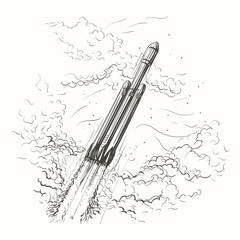 Heavy Rocket Flying among the clouds hand drawn illustration. Vector. 