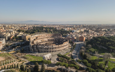 Aerial view of Colosseum on a sunny day. Rome, Italy