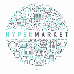 Hypermarket concept in circle with thin line icons: apparel, sport equipment, electronics, perfumery, cosmetics, toys, food, appliances. Modern vector illustration for web page template.