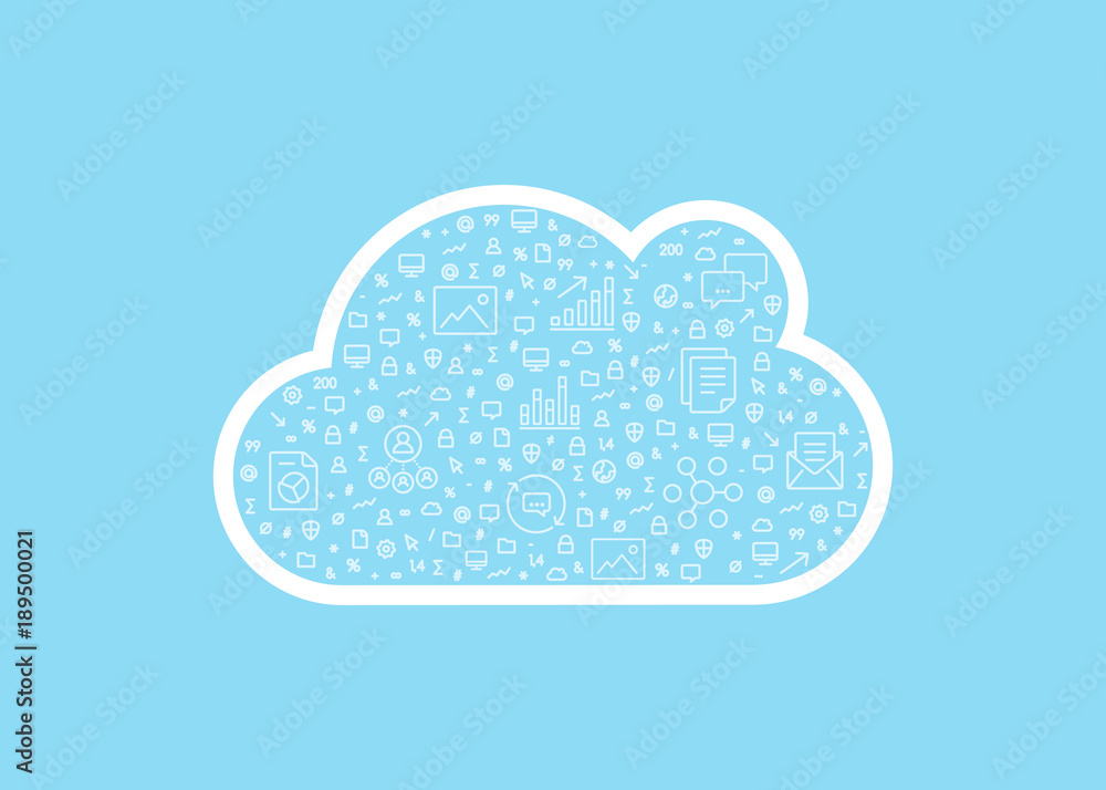 Leinwandbilder cloud computing vector symbol filled with small icons isolated on light blue background.